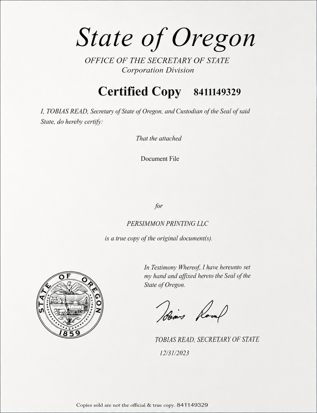 State of Oregon Certified Copy