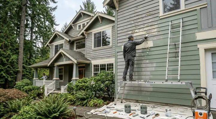 Cutaway diagram showing rain penetrating peeling exterior paint and causing wood siding damage.